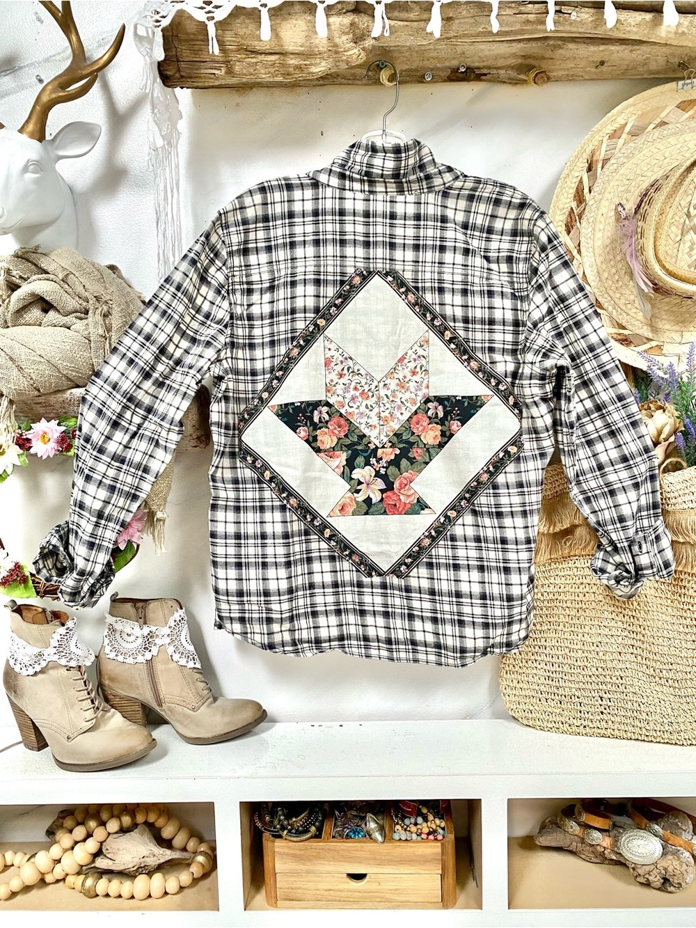 Upcycled folk patchwork print vibe back detailing flannel shirt cottagecore feel